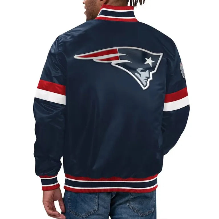 New England Patriots Home Game Full-Snap Varsity Navy Blue Satin Men's Bomber Jacket