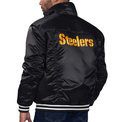 Pittsburgh Steelers Silver Tab Trucker Full-Snap Varsity Black Satin Men's Bomber Jacket