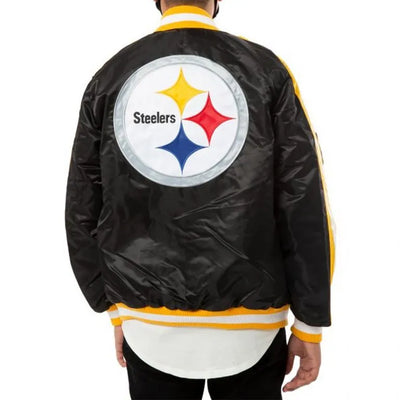 Pittsburgh Steelers Striped Full-Snap Varsity Black Satin Men's Bomber Jacket