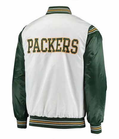 Green Bay Packers Historic Renegade Full-Snap Varsity White and Green Satin Men's Bomber Jacket