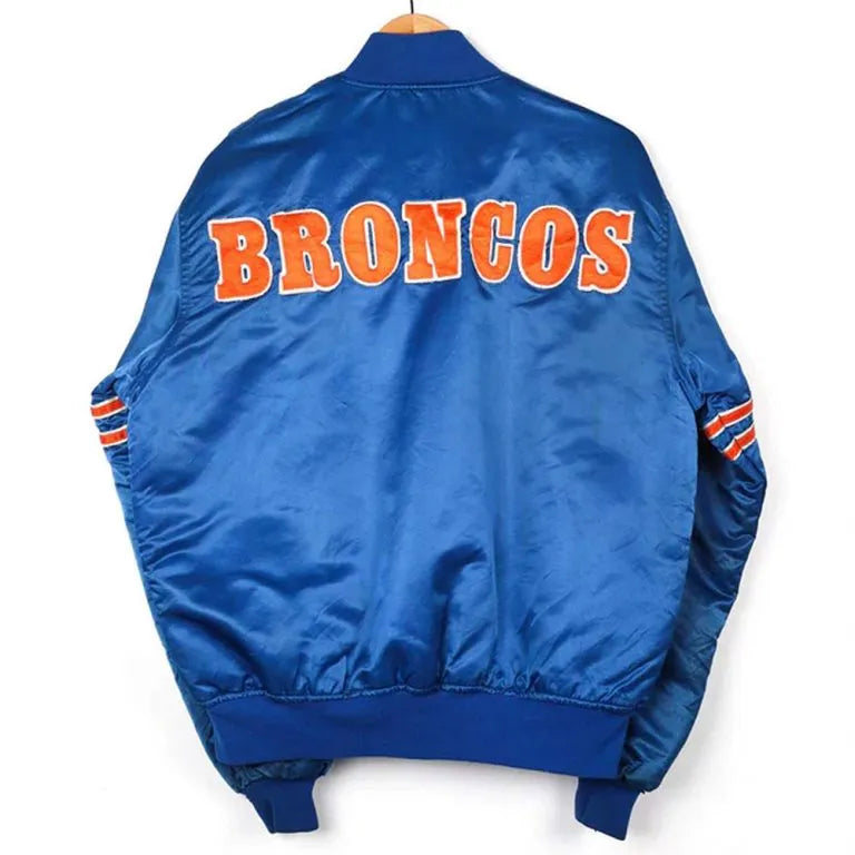 80s Denver Broncos Embroidered Full-Snap Varsity Blue/Orange Satin Men's Bomber Jacket
