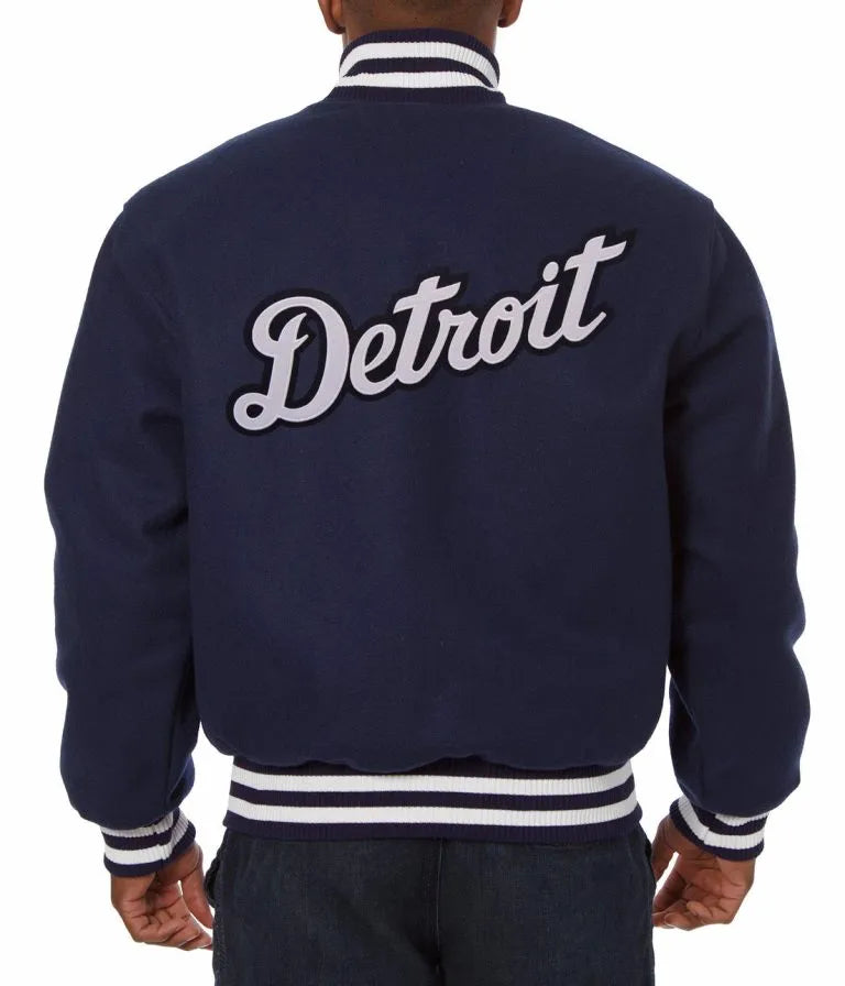 Detroit Tigers Embroidered Bomber Navy Blue Wool Men's Jacket
