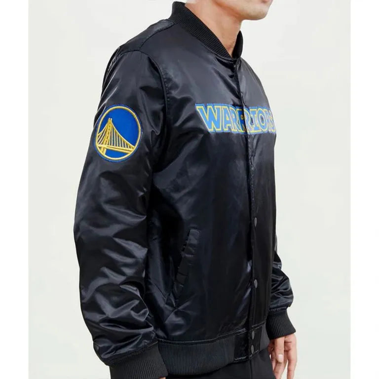 Golden State Warriors The Bay Full-Snap Varsity Black Satin Men's Bomber Jacket