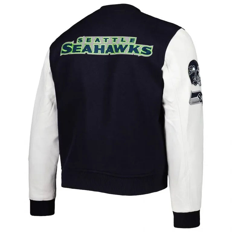 Seattle Seahawks College Logo Navy Blue Wool & White Genuine Leather Sleeves Men's Varsity Letterman Jacket