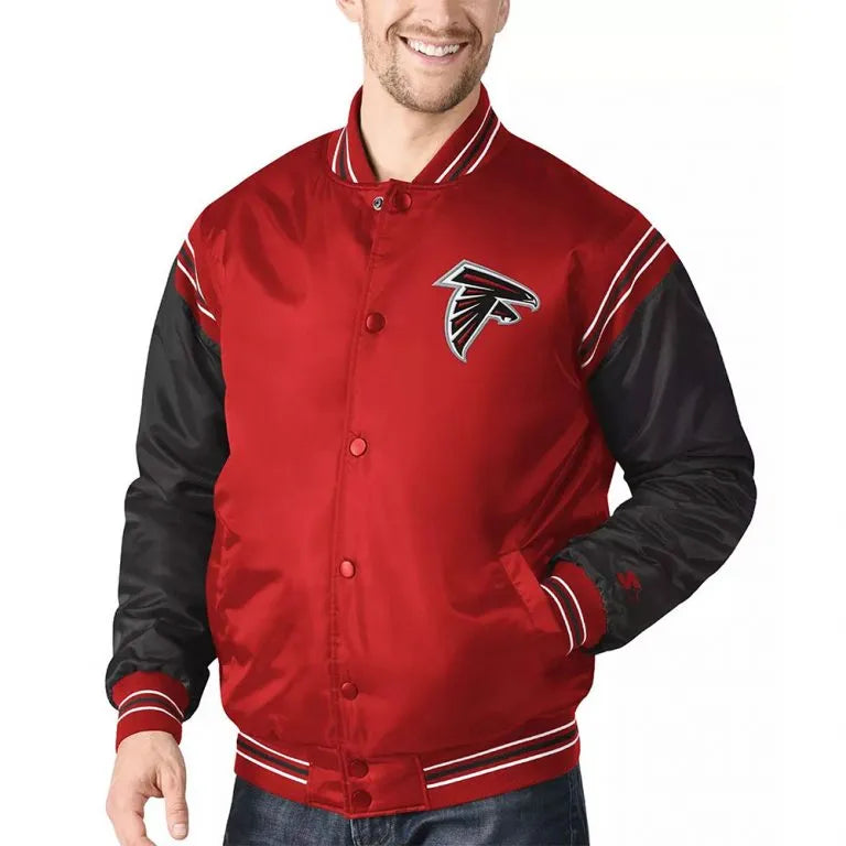 Atlanta Falcons Enforcer Full-Snap Varsity Red and Black Satin Men's Bomber Jacket