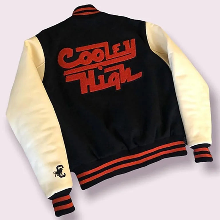 Cooley High Varsity Black Wool & Off White Genuine Leather Sleeves Men's Letterman Jacket
