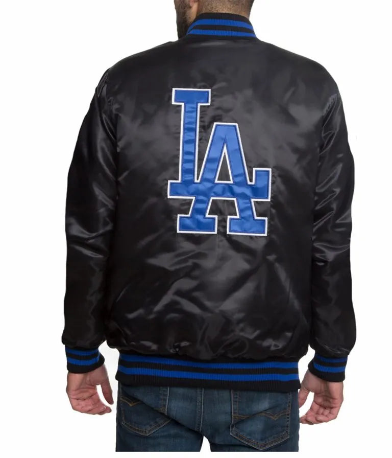 LA Dodgers Bomber Blue Patches Black Satin Men's Jacket