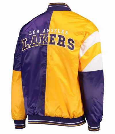 Los Angeles Lakers 75th Anniversary Leader Full-Snap Varsity Color Block Satin Men's Bomber Jacket