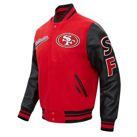 San Francisco 49ers Script Tail Classic Rib Red Wool & Black Genuine Leather Sleeves Men's Varsity Letterman Jacket