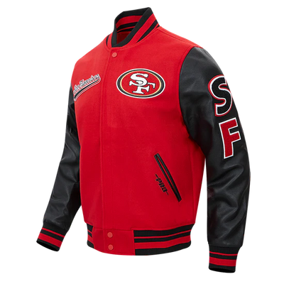 San Francisco 49ers Script Tail Classic Rib Red Wool & Black Genuine Leather Sleeves Men's Varsity Letterman Jacket