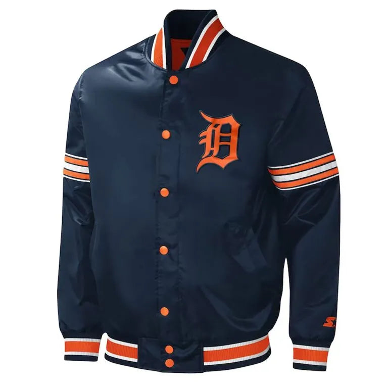 Detroit Tigers Midfield Navy Blue Satin Full-Snap Varsity Men's Jacket