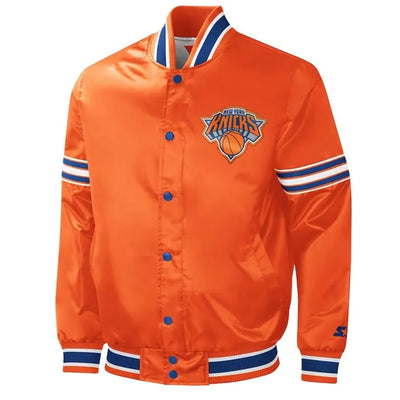 New York Knick Slider Full-Snap Varsity Orange Satin Men's Bomber Jacket