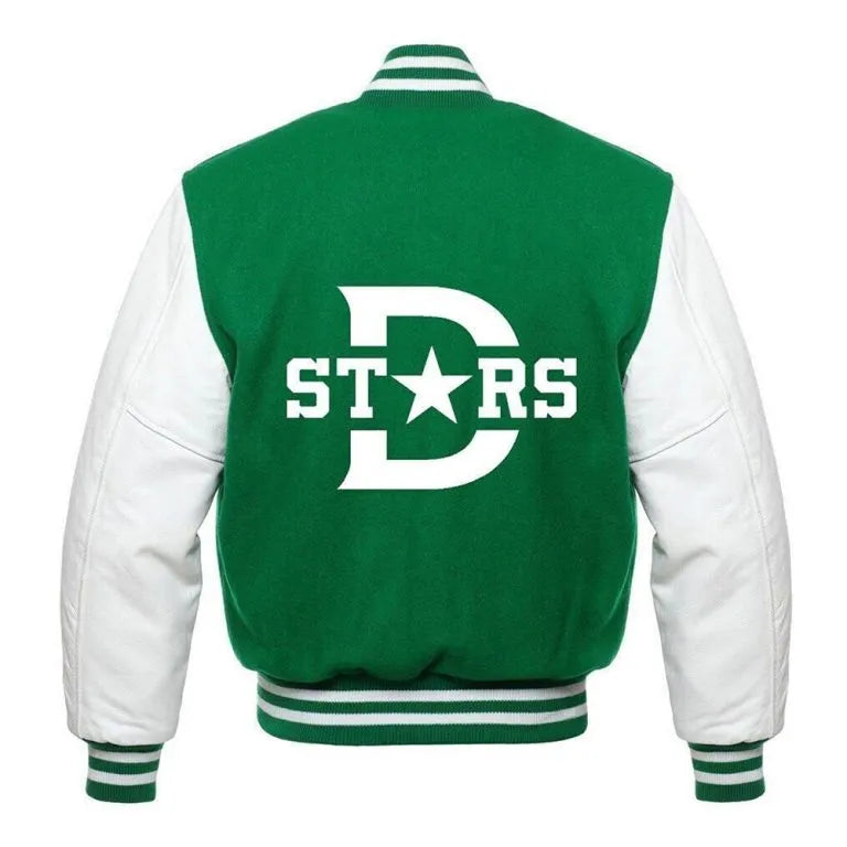 Dallas Stars Green Wool & White Genuine Leather Sleeves Men's Letterman Varsity Jacket