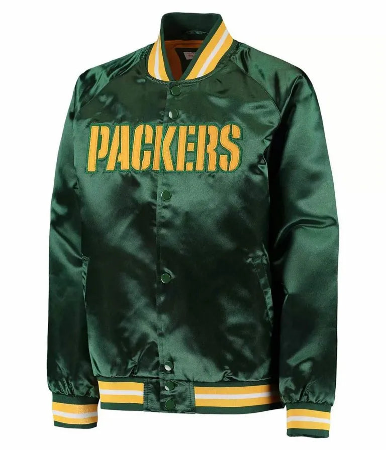 Green Bay Packers Lightweight Full-Snap Varsity Green Satin Men's Bomber Jacket