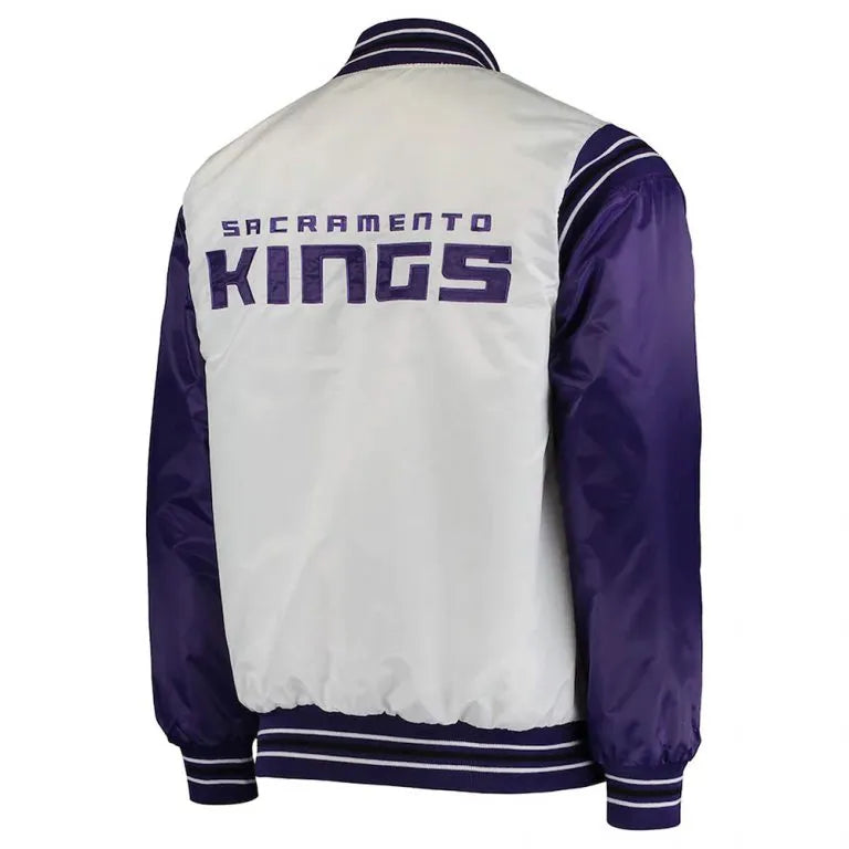 Sacramento Kings Renegade Full-Snap Varsity Purple and White Satin Men's Bomber Jacket