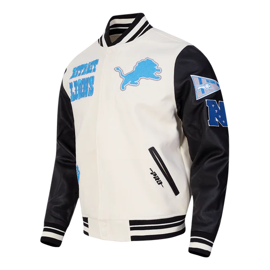 Detroit Lions Off White Wool & Black Genuine Leather Sleeves Men's Varsity Jacket