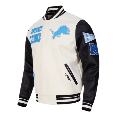 Detroit Lions Off White Wool & Black Genuine Leather Sleeves Men's Varsity Jacket