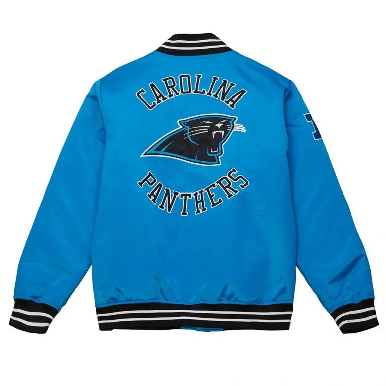 Carolina Panthers Heavyweight Full-Snap Varsity Blue Satin Men's Bomber Jacket