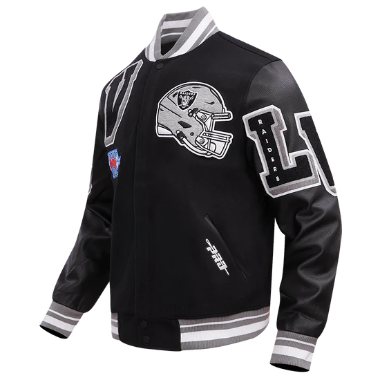 Los Vegas Raiders Mashup Black Wool and Genuine Leather Sleeves Men's Varsity Letterman Jacket