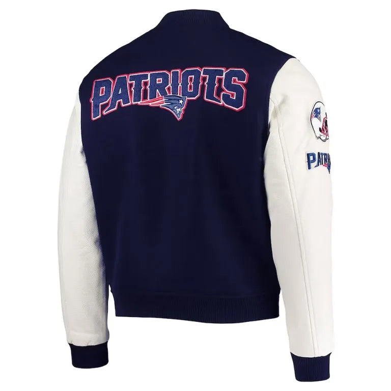 New England Patriots Logo Navy Blue Wool and White Genuine Leather Sleeves Men's Varsity Letterman Jacket
