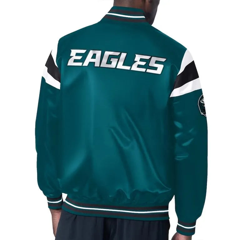 Philadelphia Eagles Midweight Full-Snap Varsity Midnight Green Satin Men's Bomber Jacket