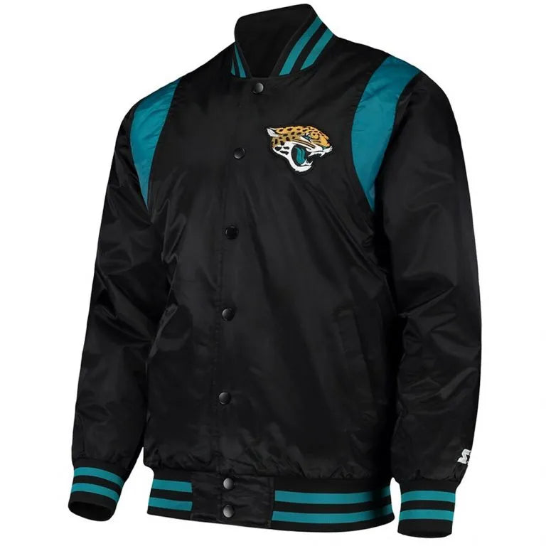 Jacksonville Jaguars Full-Snap Varsity Black and Teal Satin Men's Bomber Jacket