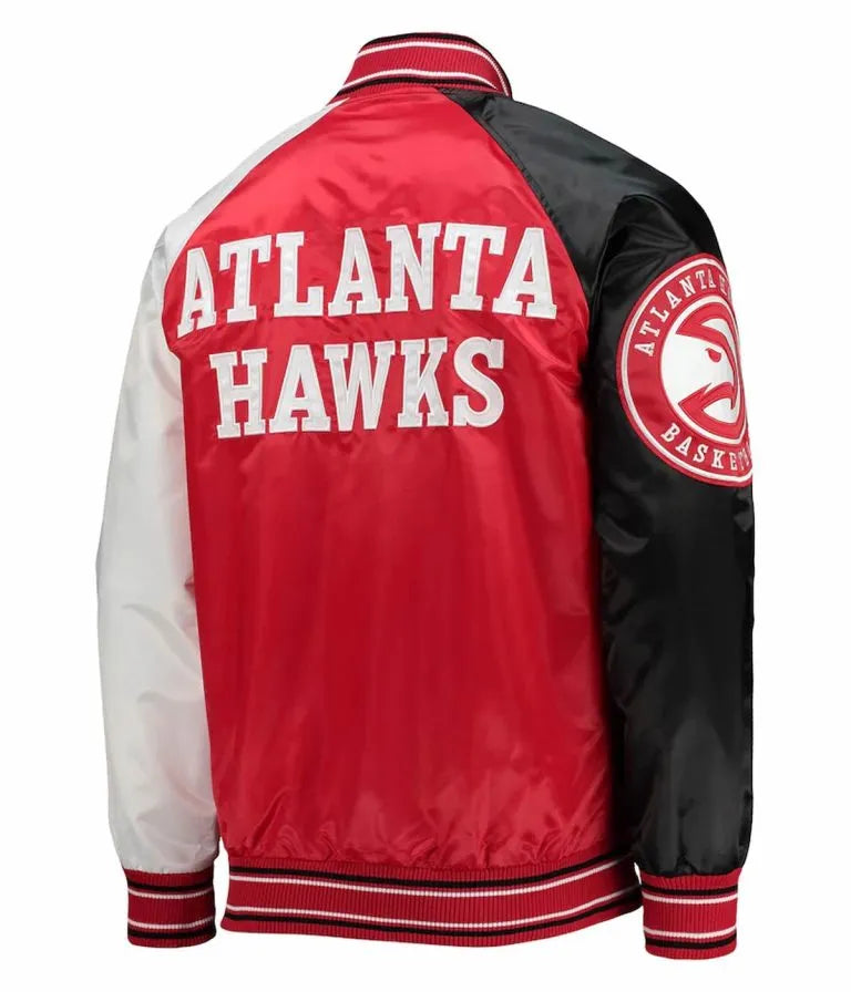 Atlanta Hawks Reliever Raglan Full-Snap Varsity Red and Black Satin Men's Bomber Jacket