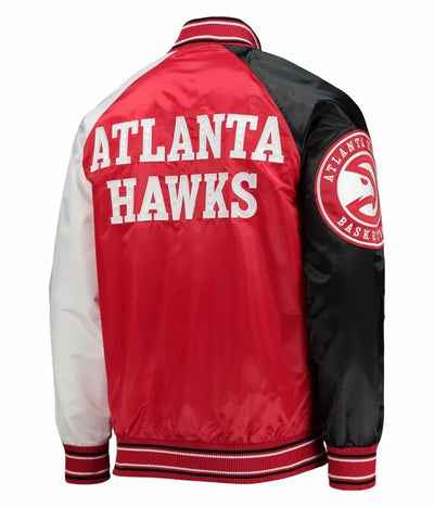 Atlanta Hawks Reliever Raglan Full-Snap Varsity Red and Black Satin Men's Bomber Jacket