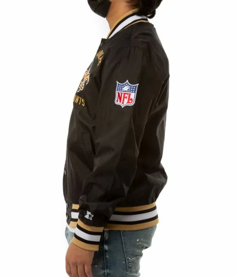 New Orleans Saints Full-Snap Varsity Black Satin Men's Bomber Jacket