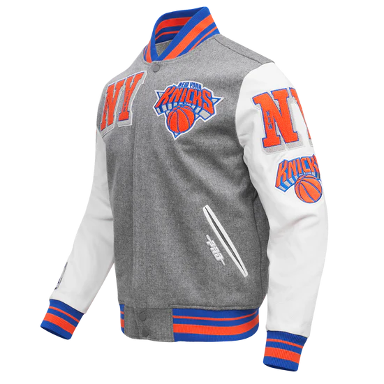 New York Knicks Varsity Gray Wool & White Genuine Leather Sleeves Men's Letterman Jacket
