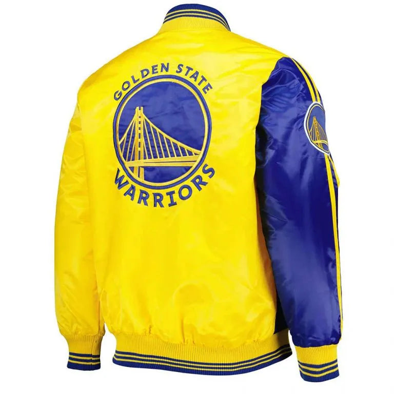 Golden State Warriors Fast Break Full-Snap Varsity Royal Blue/Yellow Satin Men's Bomber Jacket