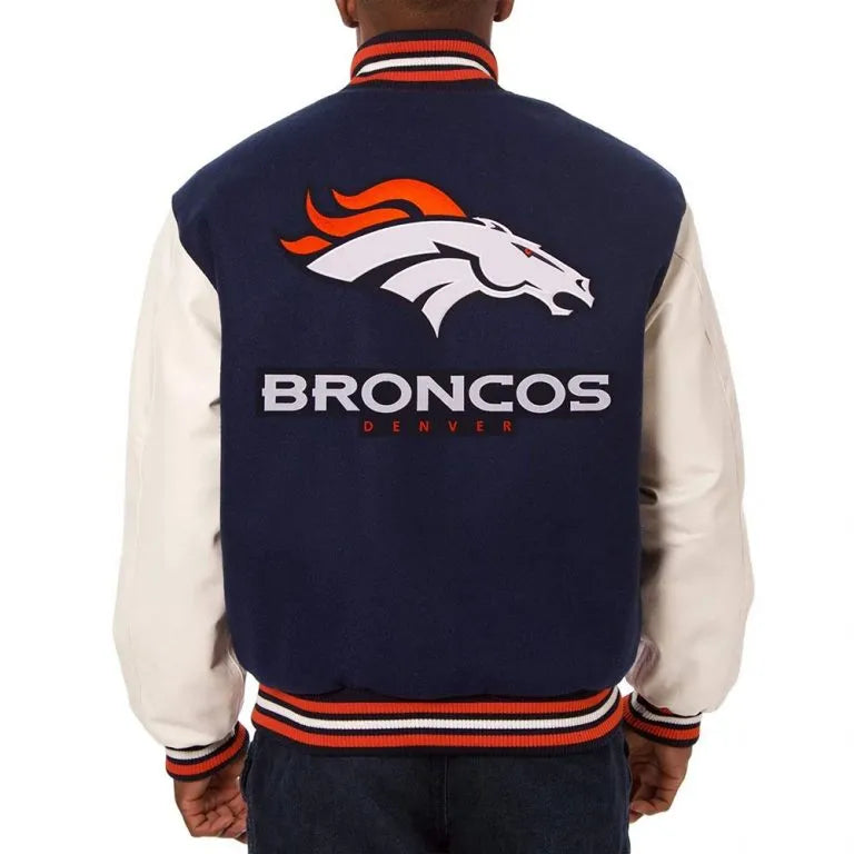 Denver Broncos Navy Blue Wool & White Genuine Leather Sleeves Men's Varsity Jacket
