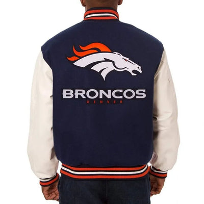 Denver Broncos Navy Blue Wool & White Genuine Leather Sleeves Men's Varsity Jacket