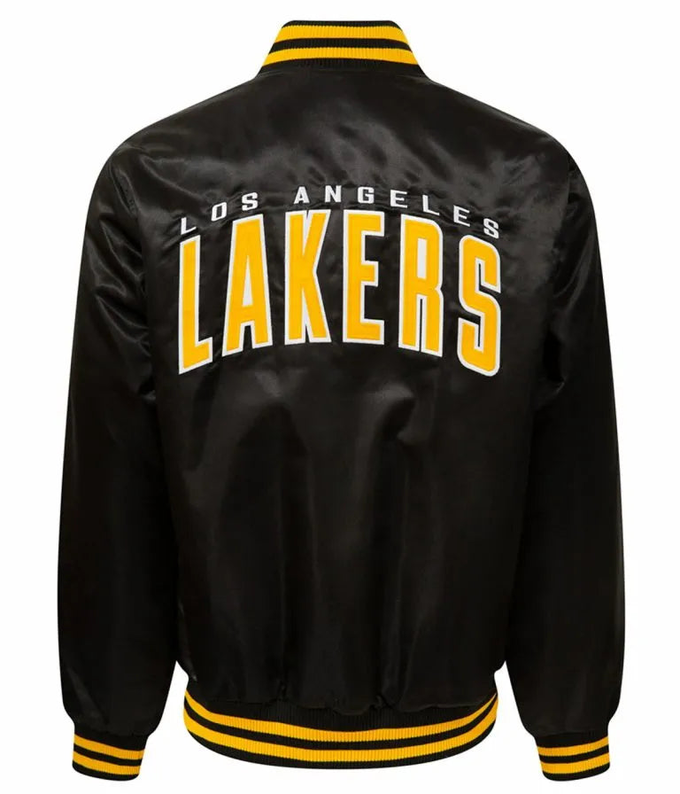 Los Angeles Lakers Wordmark Full-Snap Varsity Black Satin Men's Bomber Jacket