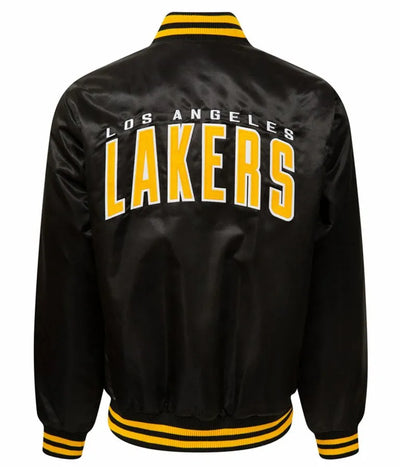 Los Angeles Lakers Wordmark Full-Snap Varsity Black Satin Men's Bomber Jacket