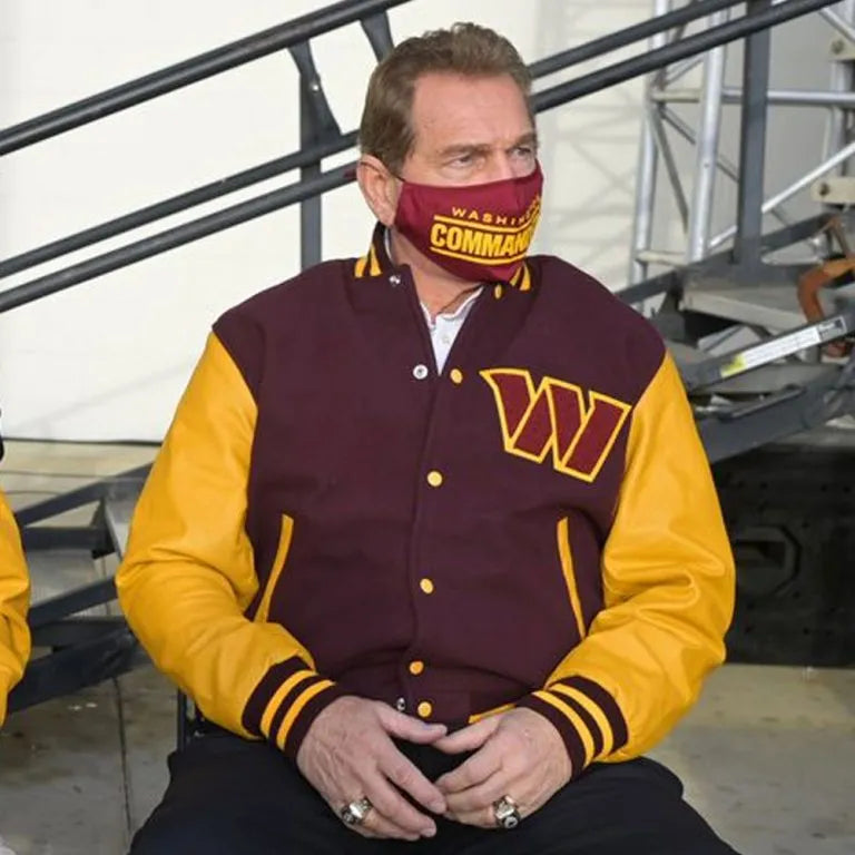 Washington Commanders Brown Wool & Yellow Genuine Leather Sleeves Men's Varsity Letterman Jacket