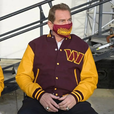 Washington Commanders Brown Wool & Yellow Genuine Leather Sleeves Men's Varsity Letterman Jacket