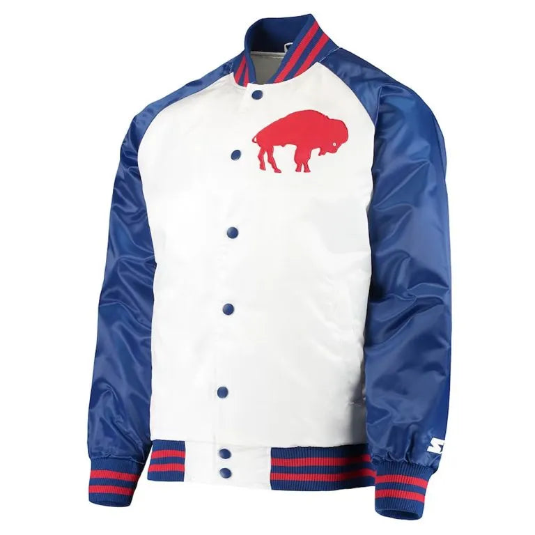 Buffalo Bills Clean Up Throwback Full-Snap Varsity Royal Blue and White Satin Men's Bomber Jacket