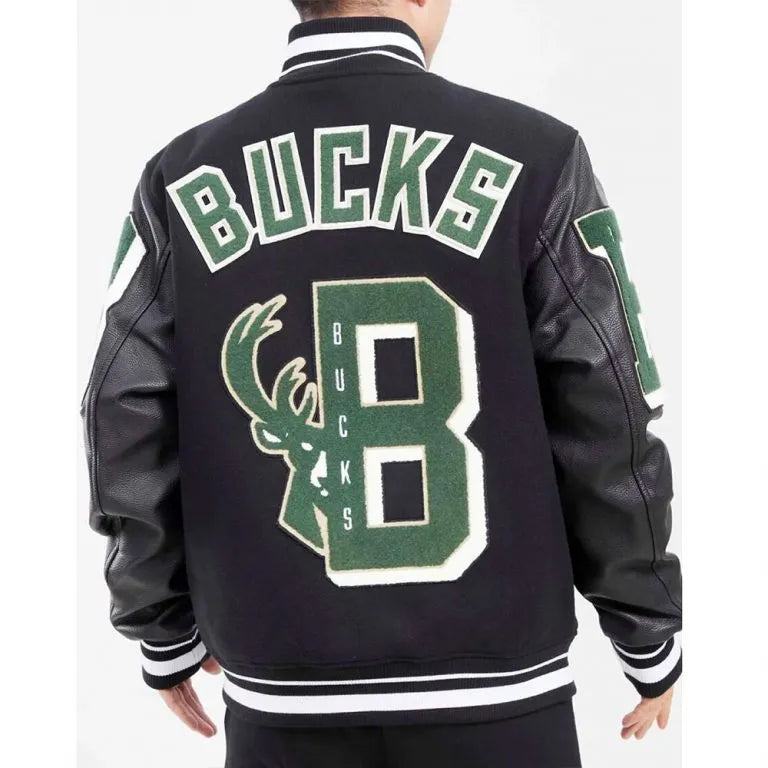 Milwaukee Bucks Varsity Black Wool & Genuine Leather Sleeves Men's Letterman Jacket