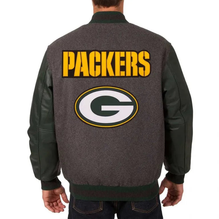 Green Bay Packers Charcoal Wool and Green Genuine Leather Sleeves Men's Varsity Letterman Jacket