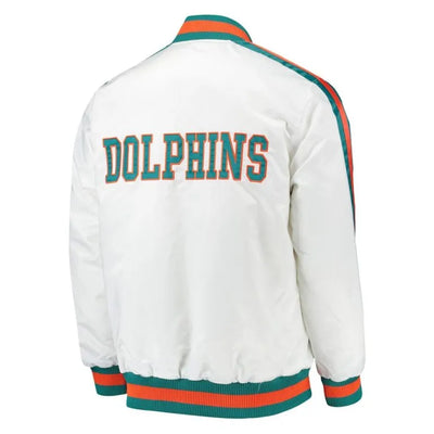 Miami Dolphins Throwback D-Line Full-Snap Varsity White Satin Men's Bomber Jacket