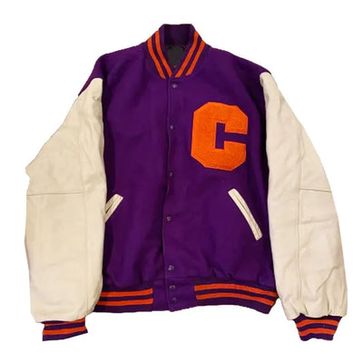 Clemson Tigers Ceremony Purple Wool & Cream Genuine Leather Sleeves Men's Letterman Varsity Jacket