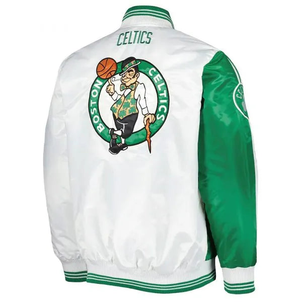 Boston Celtics Fast Break Full-Snap Varsity Green and White Satin Men's Bomber Jacket