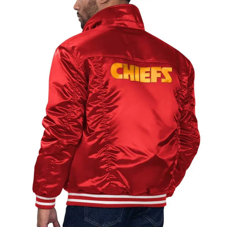 Kansas City Chiefs Silver Tab Trucker Full-Snap Varsity Red Satin Men's Bomber Jacket