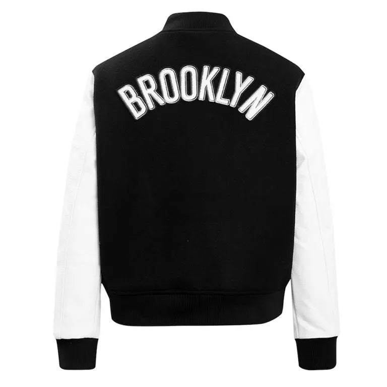 Brooklyn Nets NBA Black Wool & White Genuine Leather Sleeves Men's Varsity Letterman Jacket
