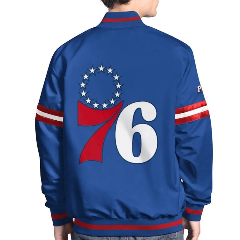 Philadelphia 76ers Scout Full-Snap Varsity Royal Blue Satin Men's Bomber Jacket
