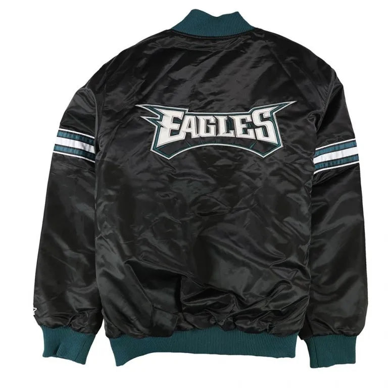 Philadelphia Eagles Track Striped Full-Snap Varsity Black Satin Men's Bomber Jacket