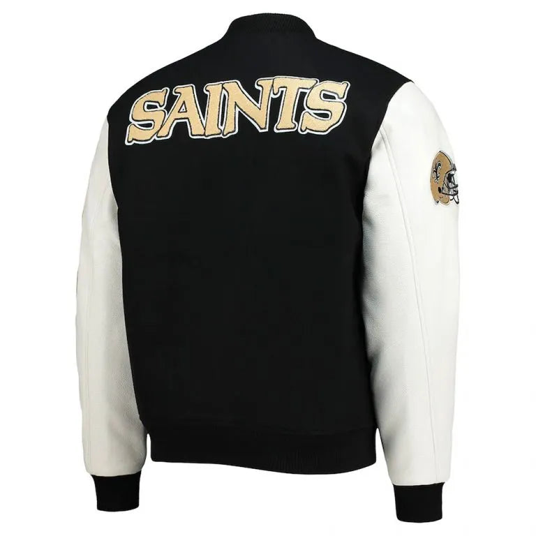 New Orleans Saints Logo Mash Up Black Wool & White Genuine Leather Sleeves Men's Varsity Letterman Jacket