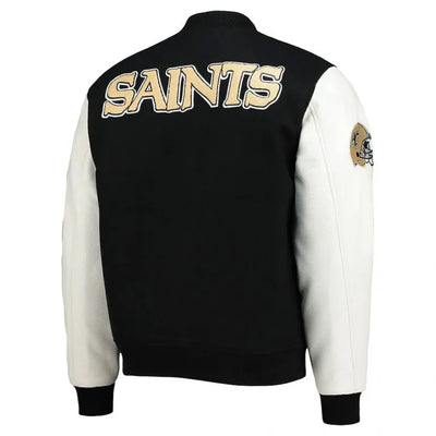 New Orleans Saints Logo Mash Up Black Wool & White Genuine Leather Sleeves Men's Varsity Letterman Jacket