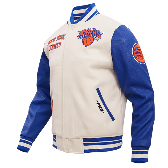 New York Knicks Varsity White Wool & Royal Blue Genuine Leather Sleeves Men's Letterman Jacket